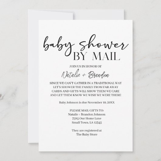 Black Modern Simple Script By Mail Baby Shower Kaart (Voorkant)