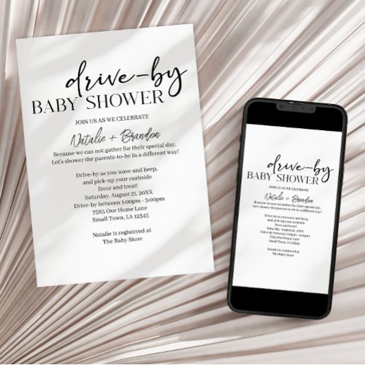 Black Modern Simple Script Drive-By Baby Shower Kaart