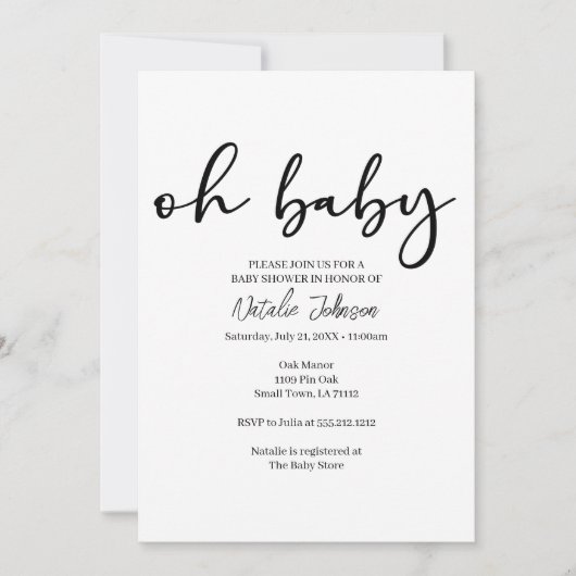 Black Modern Simple Script Oh Baby Shower Kaart (Voorkant)