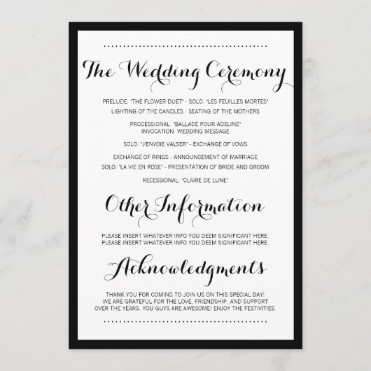 Black Modern Simple Wedding Programs Programmakaart (Achterkant)