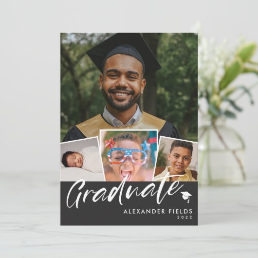 Black Modern Snapshot Collage Afstuderen Kaart (Staand voorkant)