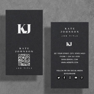 Black Modern Solid Monogram Initiaal QR Code Visitekaartje