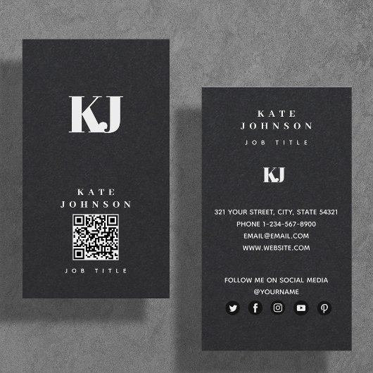 Black Modern Solid Monogram Initiaal QR Code Visitekaartje