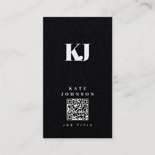 Black Modern Solid Monogram Initiaal QR Code Visitekaartje (Voorkant)