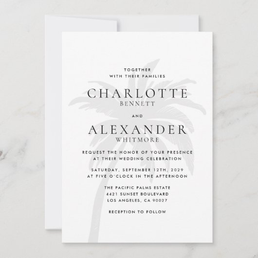 black Modern Tropical Palm Tree Wedding Invitation Kaart (Voorkant)