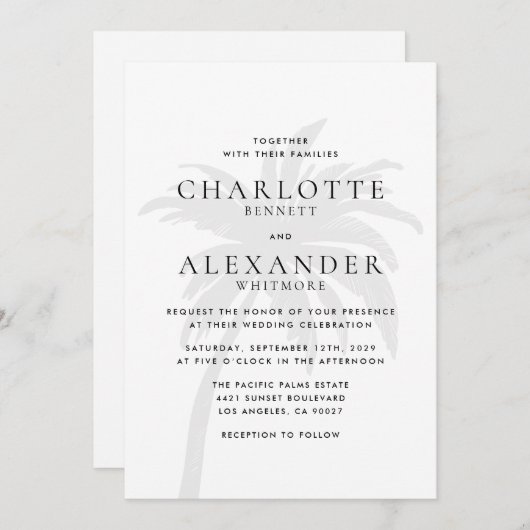 black Modern Tropical Palm Tree Wedding Invitation Kaart (Voorkant / Achterkant)
