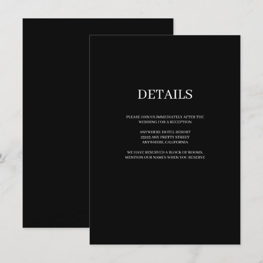 Black Modern Type Wedding Details Kaart (Voorkant / Achterkant)