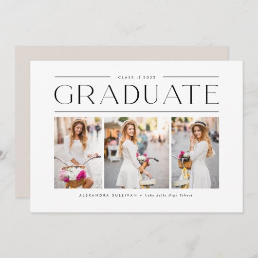 Black Modern Typografie Three Photo Afstuderen Aankondiging (Voorkant / Achterkant)