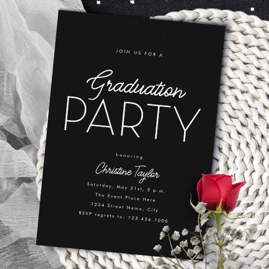 Black Modern Typography Photo Graduparty Kaart