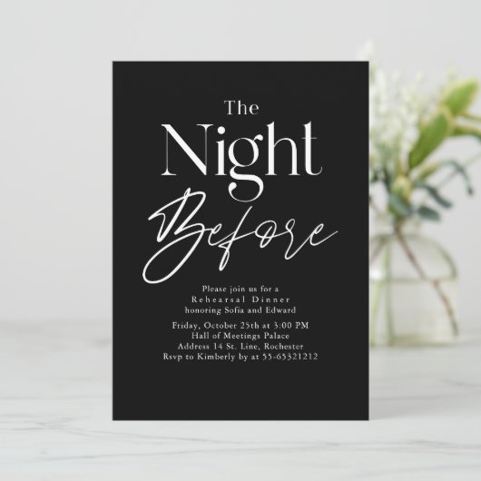 Black Modern Typography Rehearsal Dinner Kaart (Staand voorkant)