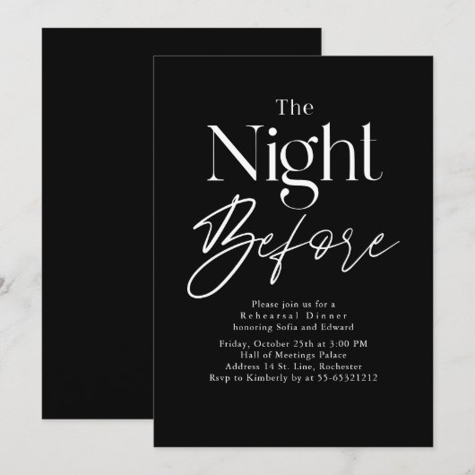 Black Modern Typography Rehearsal Dinner Kaart (Voorkant / Achterkant)