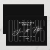 Black Modern verjaardagsfeestje Save The Date (Voorkant / Achterkant)