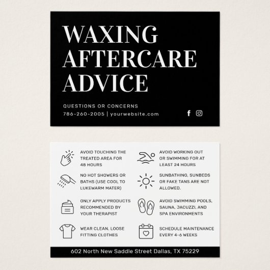 Black Modern Waxing Aftercare Kaart Hair Removal (Voorkant /achterkant)