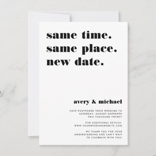 Black | Modern Wedding Postponement Announcement Save The Date (Voorkant)