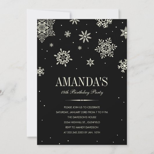 Black Modern Winter Wonderland Birthday Invitation Kaart (Voorkant)