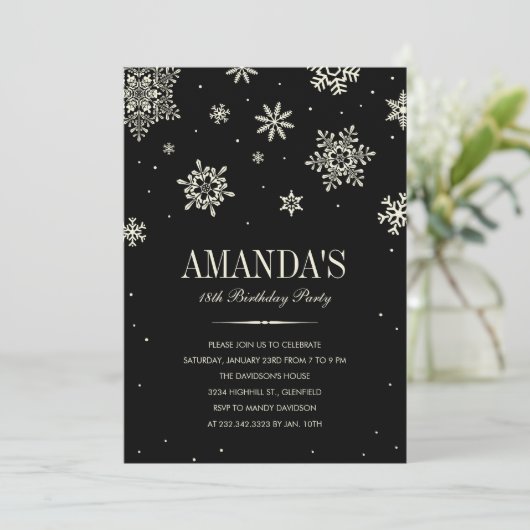 Black Modern Winter Wonderland Birthday Invitation Kaart (Staand voorkant)