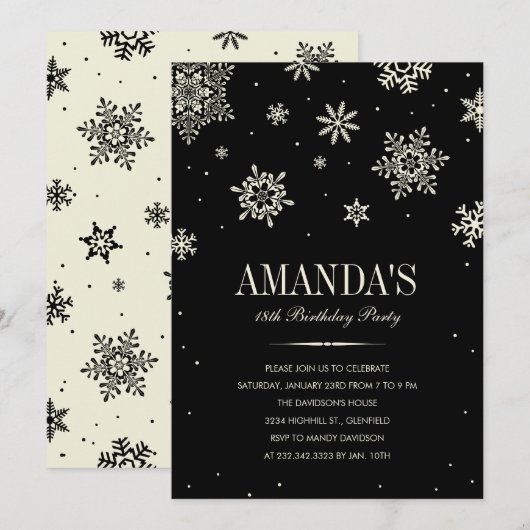 Black Modern Winter Wonderland Birthday Invitation Kaart (Voorkant / Achterkant)