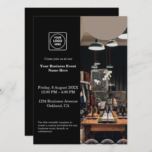 Black Modern Zakelijke Uitnodiging | Aangepaste fo (Voorkant / Achterkant)