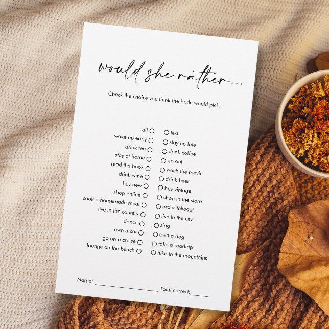 Black Modern zou ze liever Vrijgezellenfeest spel (modern minimalist black and white "would she rather..." bridal shower game)