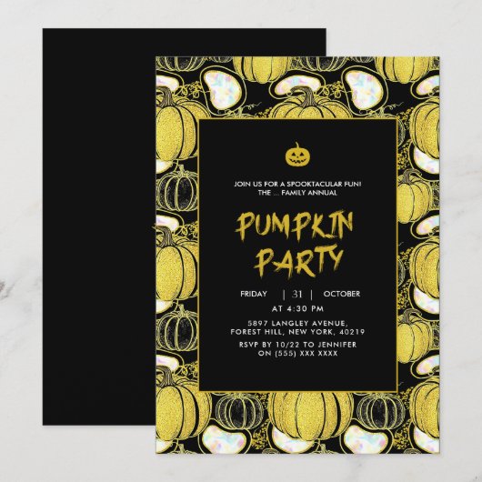 Black | Moderne Glitter Pumpkin Halloween Uitnodig Kaart (Voorkant / Achterkant)