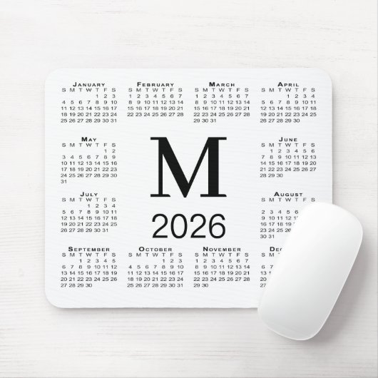 Black Monogram 2026 Calendar on White Muismat (Met muis)