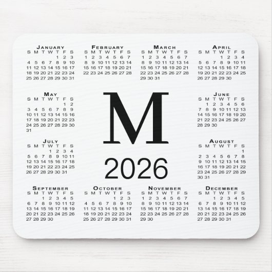 Black Monogram 2026 Calendar on White Muismat (Voorkant)