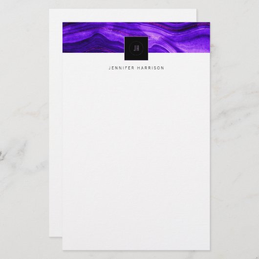 Black Monogram Abstract Geode Dark Paars Agate Briefpapier (Voorkant / Achterkant)