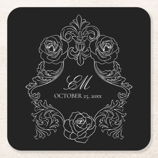 Black Monogram Crest Wedding Logo Kartonnen Onderzetters (Voorkant)