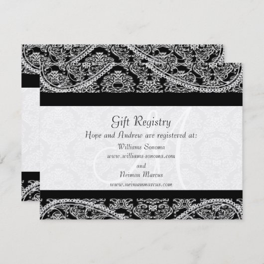 Black Monogram Damask Gift Registry Wedding Informatiekaartje (Voorkant / Achterkant)