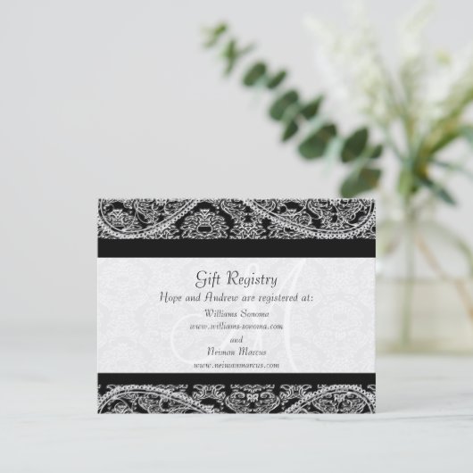 Black Monogram Damask Gift Registry Wedding Informatiekaartje (Staand voorkant)