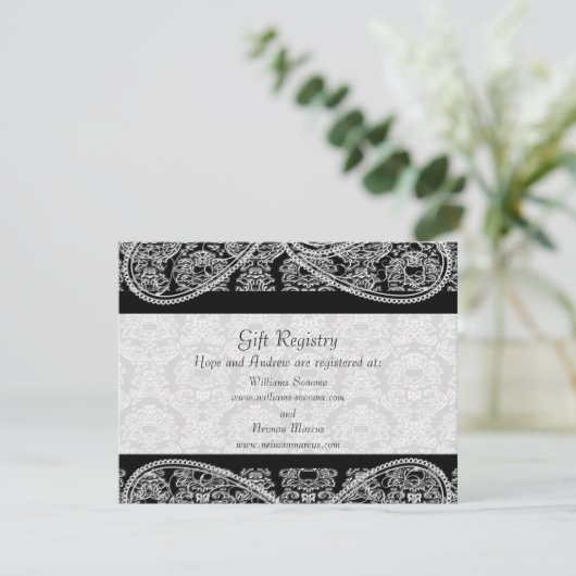 Black Monogram Damask Gift Registry Wedding Informatiekaartje (Staand voorkant)