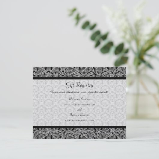 Black Monogram Damask Gift Registry Wedding Informatiekaartje (Staand voorkant)
