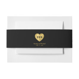 Black Monogram Faux Gold Heart Wedding Uitnodigingen Wikkel