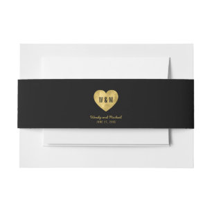 Black Monogram Faux Gold Heart Wedding Uitnodigingen Wikkel