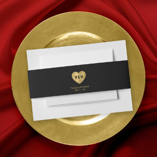 Black Monogram Faux Gold Heart Wedding Uitnodigingen Wikkel