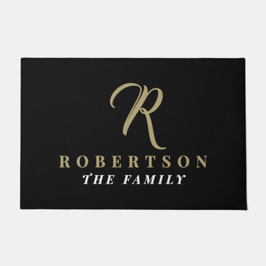 Black Monogram Gold Initial Name Minimalist Family Deurmat (Voorkant)