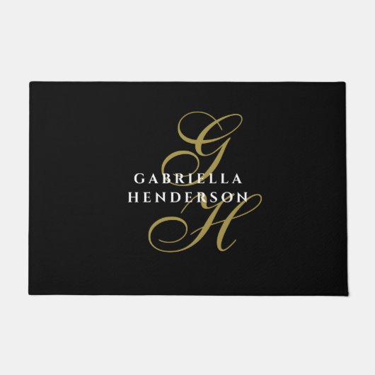Black Monogram Gold White Name Minimalist Elegant  Deurmat (Voorkant)