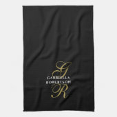 Black Monogram Gold White Name Minimalist Stylish Theedoek (Verticaal)