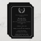 Black Monogram Laurel Wreath Afstuderen Kaart (Voorkant / Achterkant)