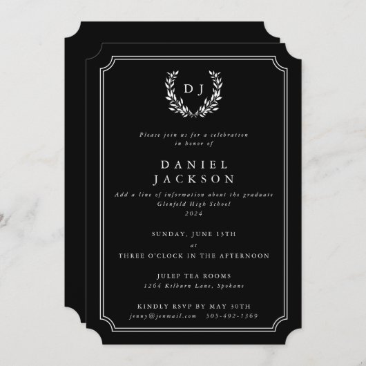 Black Monogram Laurel Wreath Afstuderen Kaart (Voorkant / Achterkant)