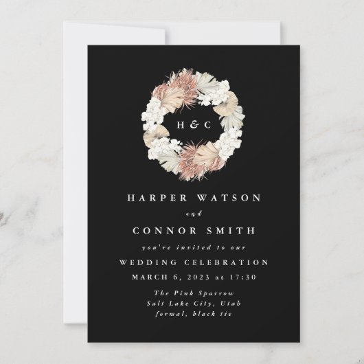 Black Monogram met Pampas Grass Floral Tropical Kaart (Voorkant)