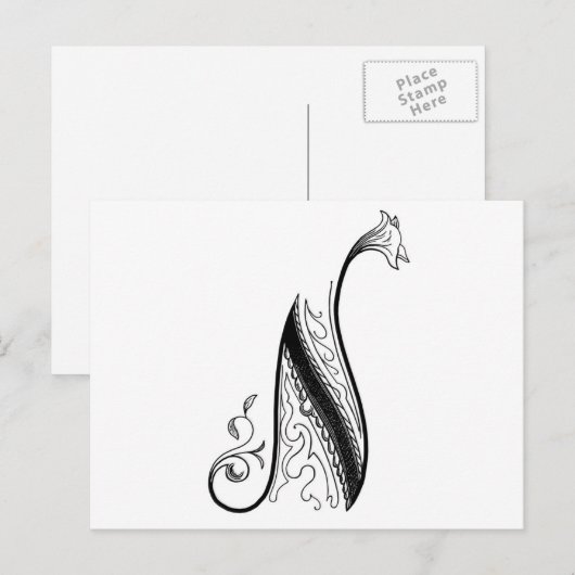 Black  Monogram N Script Floral Briefkaart (Voorkant / Achterkant)