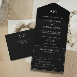 Black Monogram Wedding All In One Uitnodiging
