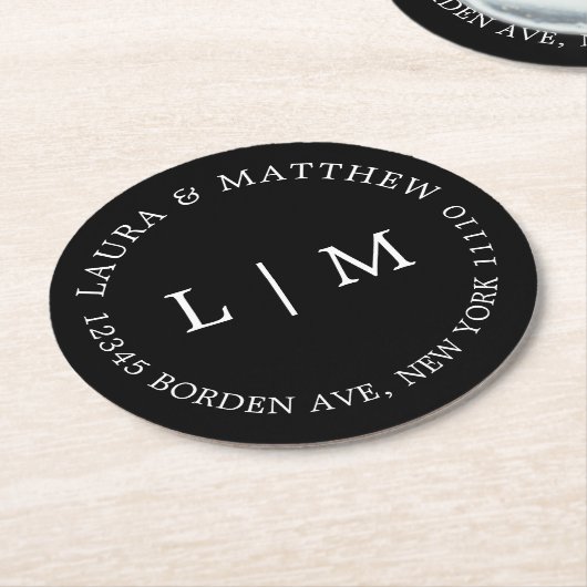 Black Monogram Wedding Ronde Kartonnen Onderzetter (Gebogen)