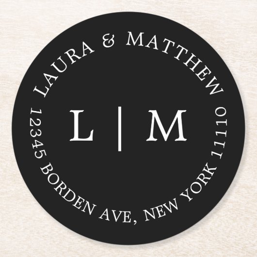 Black Monogram Wedding Ronde Kartonnen Onderzetter (Voorkant)