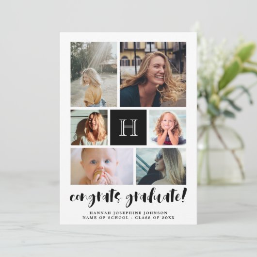 Black Monogrammed Photo Collage Congrats Afstudere Aankondiging (Staand voorkant)