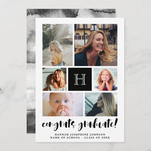 Black Monogrammed Photo Collage Congrats Afstudere Aankondiging (Voorkant / Achterkant)