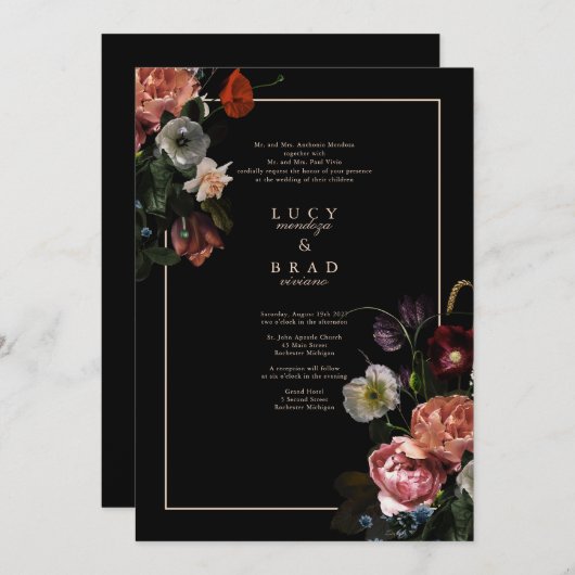 Black Moody bruiloft uitnodigen | Dramatische bloe Kaart (Voorkant / Achterkant)