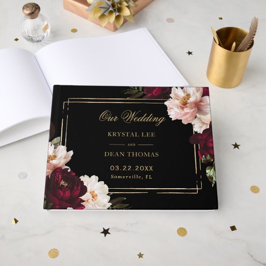 Black Moody Burgundy Blush Floral Wedding Seating  Gastenboek (Voorkant open)