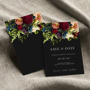 Black Moody Floral Bourgondië Bruiloft Save the Da Kaart